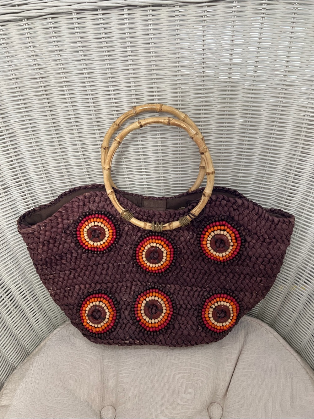 Handwoven Brown Straw Tote with Bamboo Handles and Beaded Accents